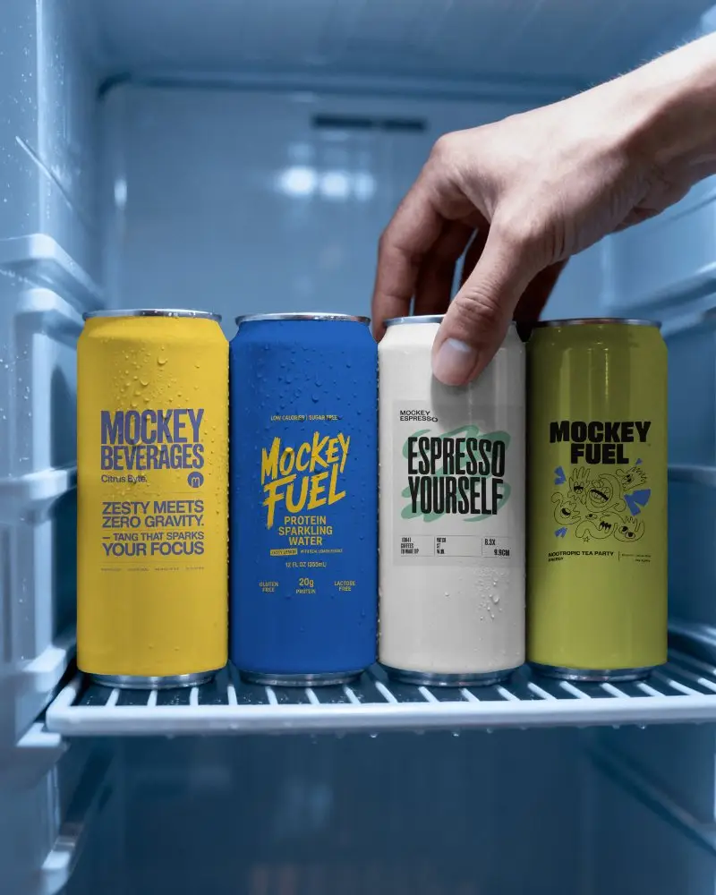 Fridge Selection Can Mockup Hand Picking Chilled Beverage Condensation Detail Cold Light