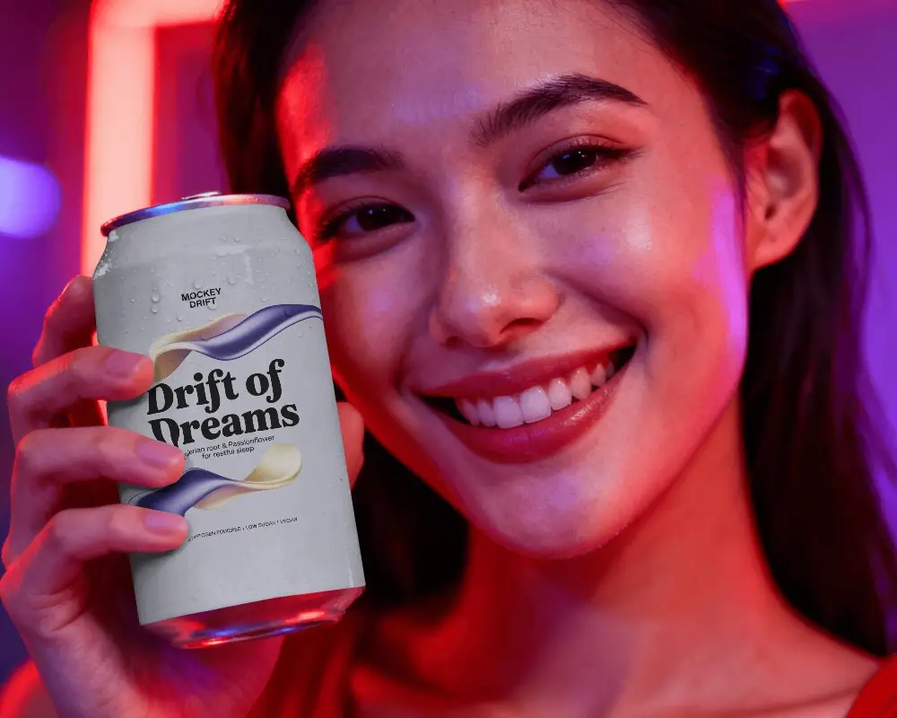 Neon Portrait Can Mockup Smiling Model Holding Beverage Vibrant Lighting Closeup