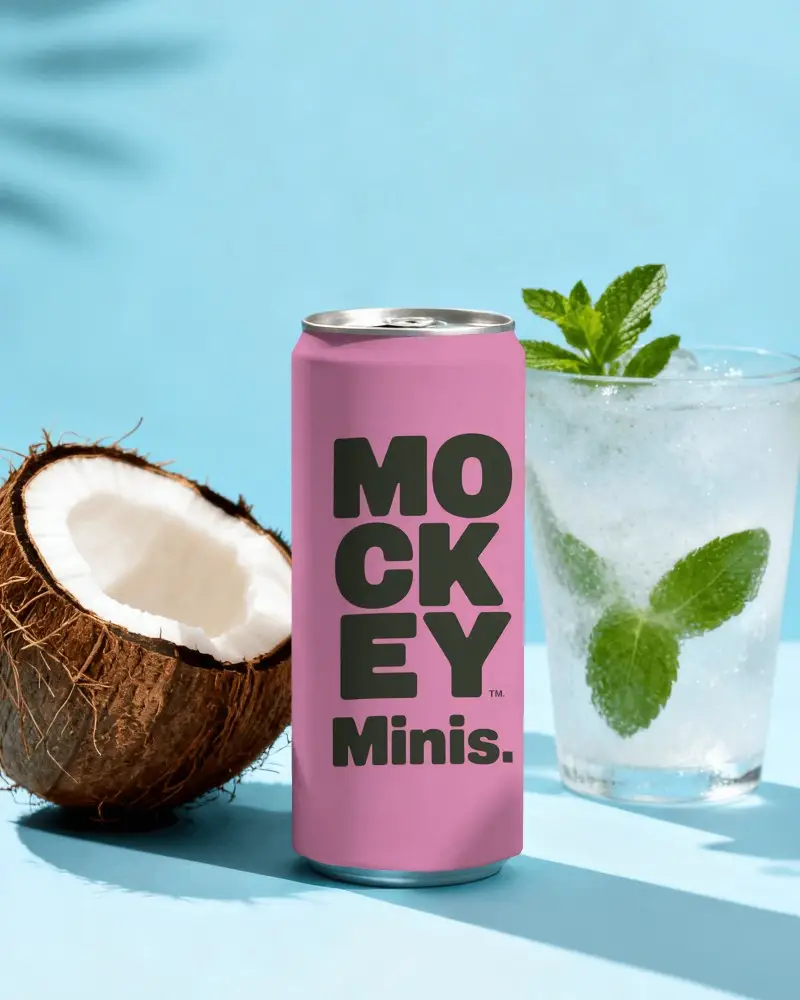 Tropical Coconut Can Mockup With Mint Drink Glass Fresh Summer Blue Background
