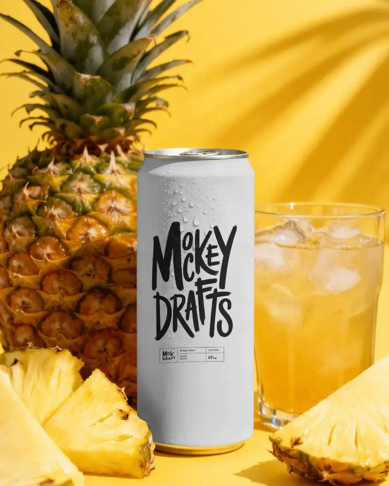 Tropical Pineapple Can Mockup With Iced Drink Vibrant Yellow Summer Background