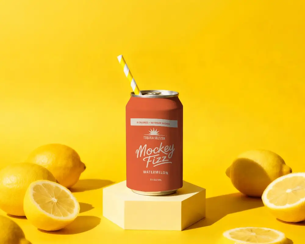 Yellow Studio Can Mockup With Lemon Slices And Straw Clean Geometric Podium Scene