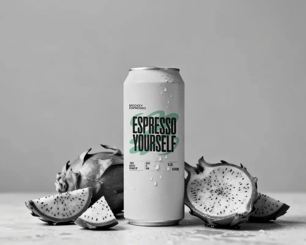 Monochrome Can Mockup With Dragon Fruit Slices Minimal Grey Studio Scene