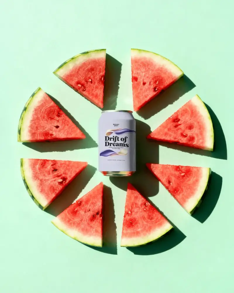 Watermelon Slice Circle Can Mockup Flatlay Summer Fruit Arrangement Green Background