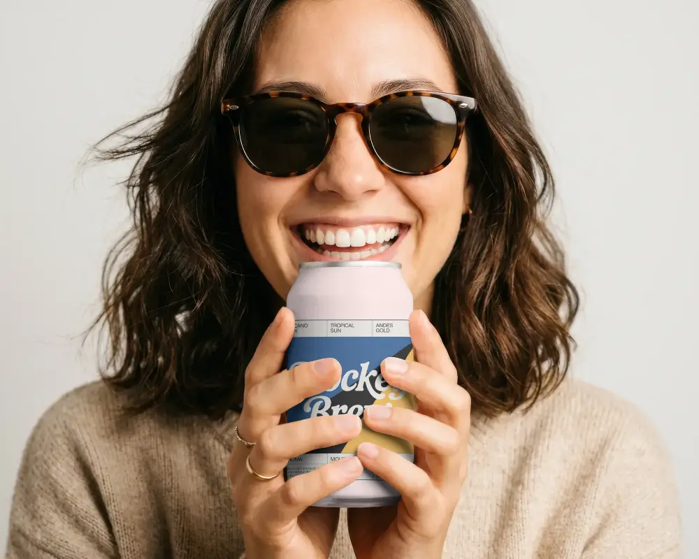 Smiling Woman Holding Blank Drink Can Mockup With Realistic Appearance For Branding