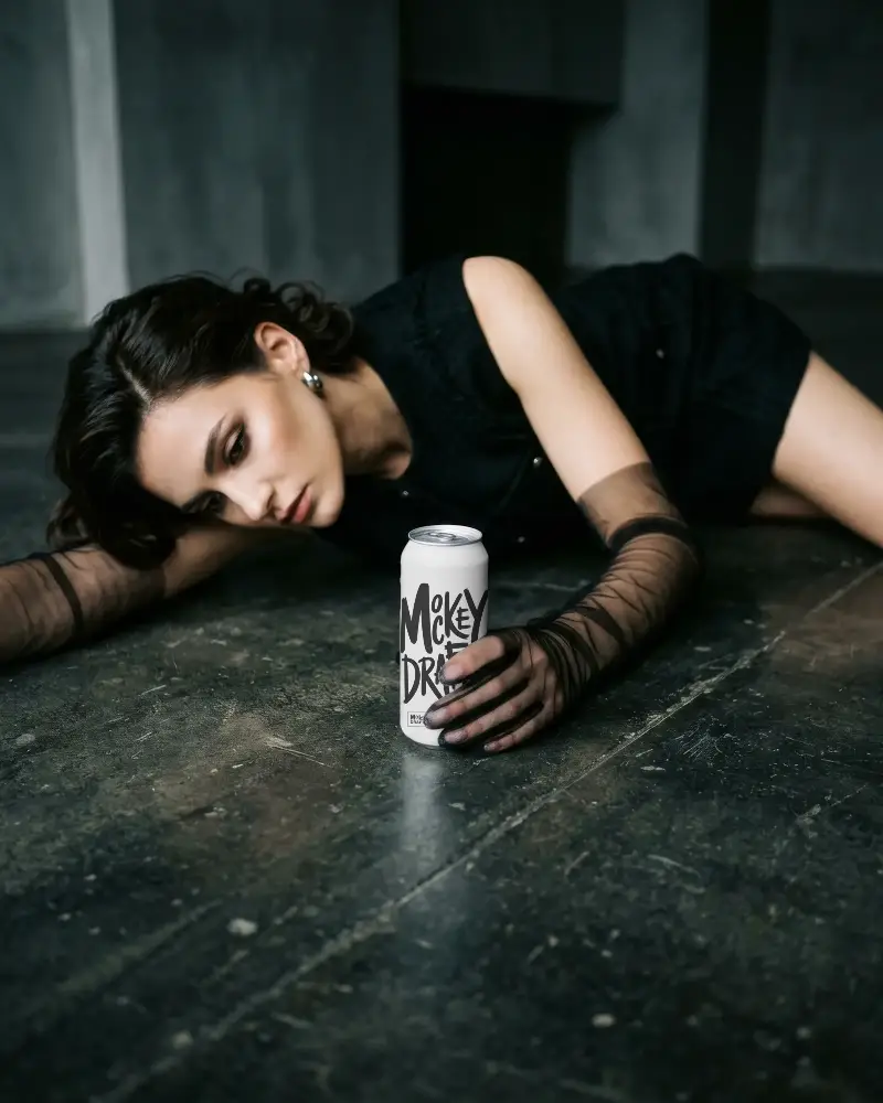 Lifestyle Beautiful Woman With Fashionable Look Holding Empty Drink Can Mockup