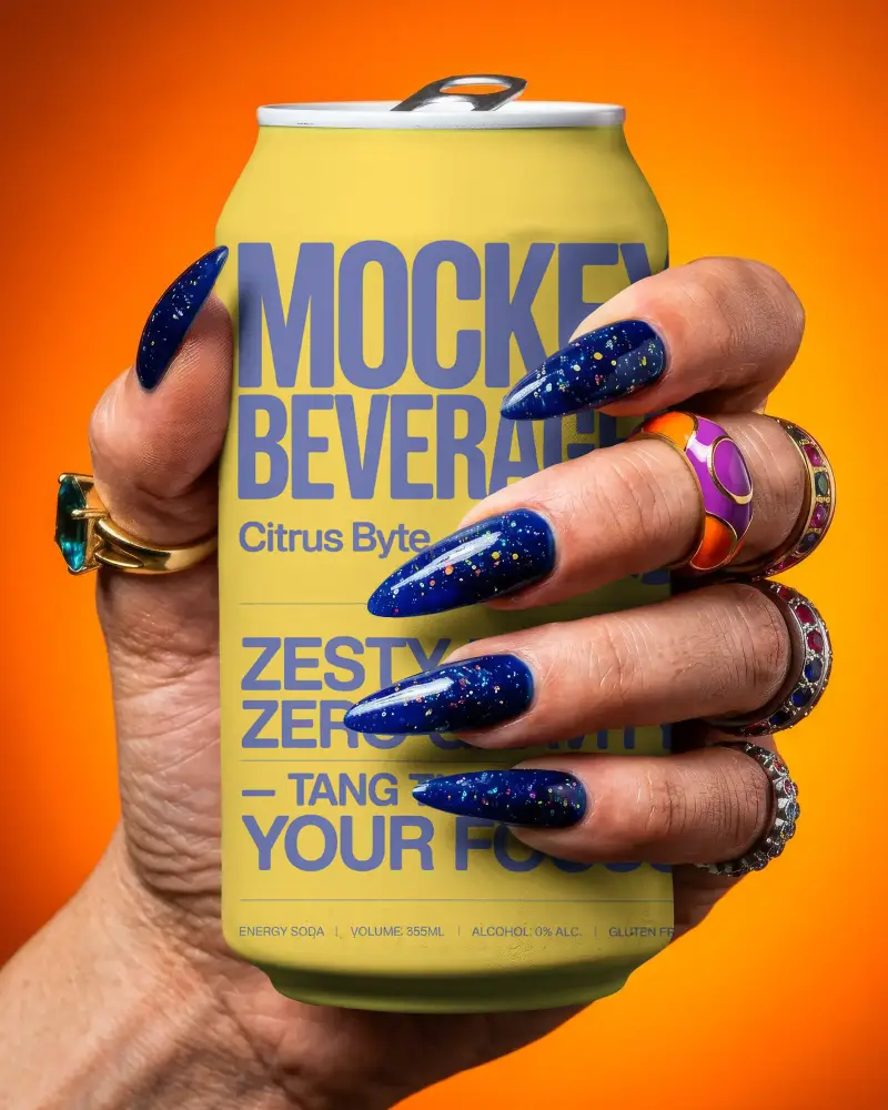 Hand Holding Sleek Can Mockup Against Vibrant Background For Beverage Brand Presentation