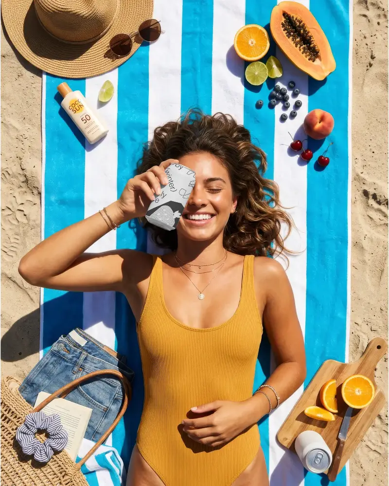 Summer Beach Day With Smiling Woman Blank Can Mockup And Fresh Fruit Arrangement