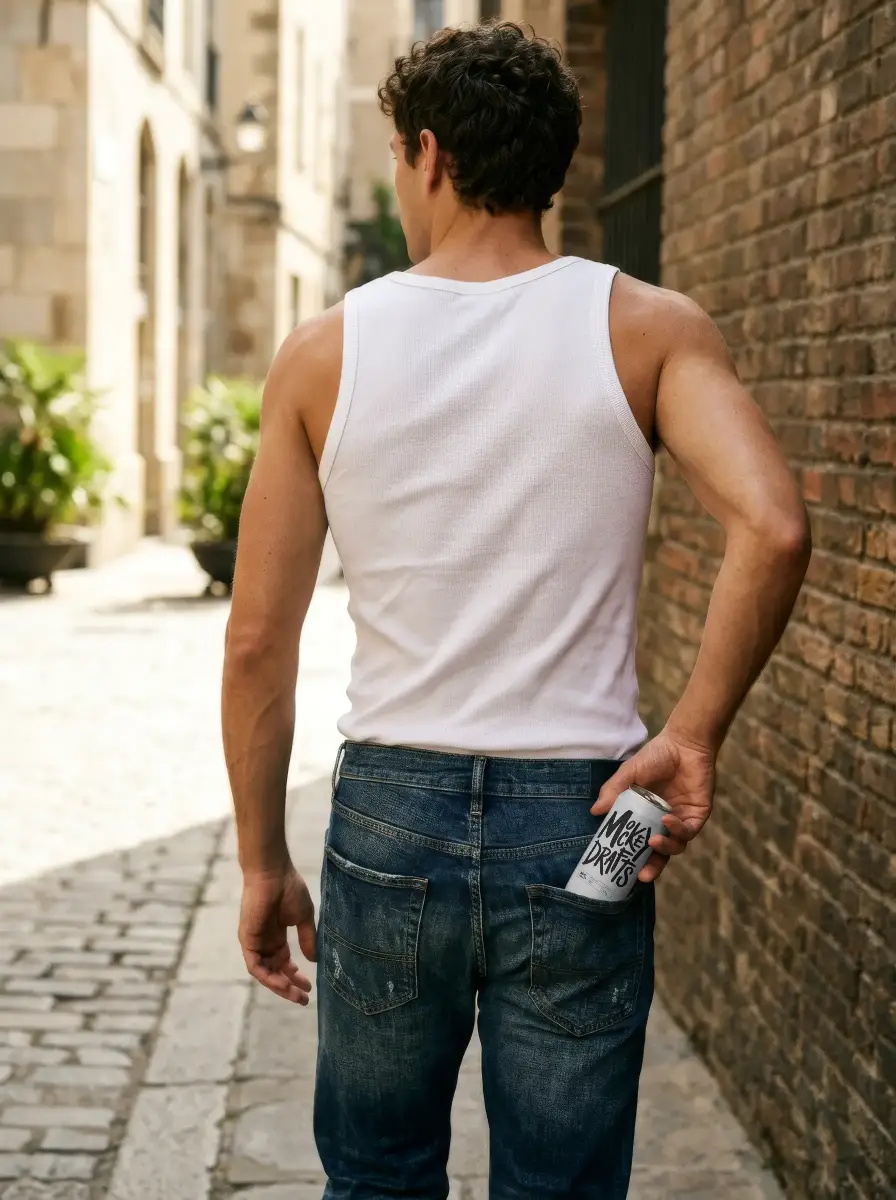 Male Model With Blank Can Mockup In Hand Outdoor Alleyway Fashion Stylish Photo