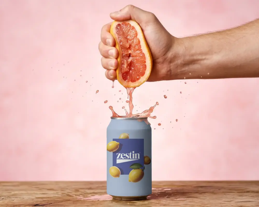 Pouring Natural Fruit Extract Into Empty Drink Can Mockup Splash Effect Background