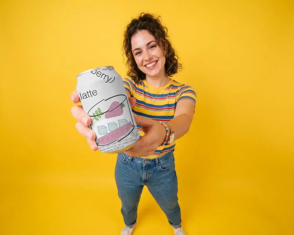 Happy Woman Presenting Generic Can Mockup For Product Branding And Marketing Campaign
