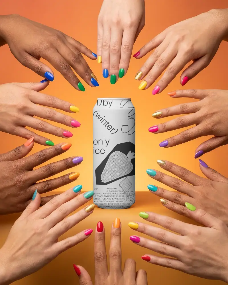 Group Of Hands With Colorful Manicure Showcasing Plain Can Mockup For Product Presentation