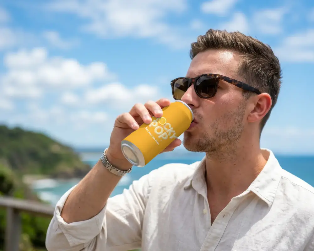 Man Enjoying Drink From Sleek Modern Can Mockup In Outdoor Summer Setting With Sunglasses