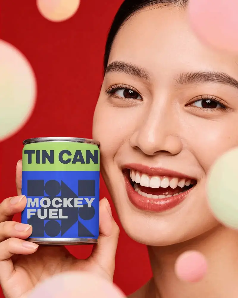 Happy Woman Holding Blank Can Mockup For Custom Beverage Packaging Design Promo