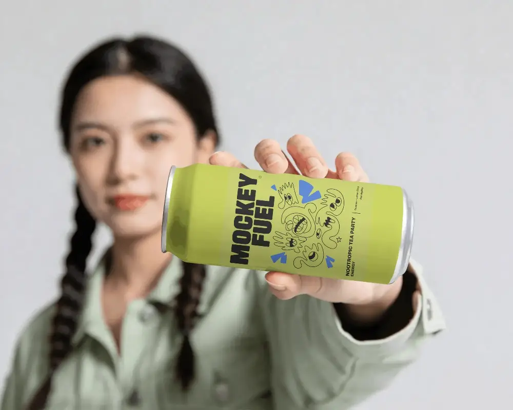 Woman Holding Blank Can Mockup For Custom Beverage Branding And Marketing Display