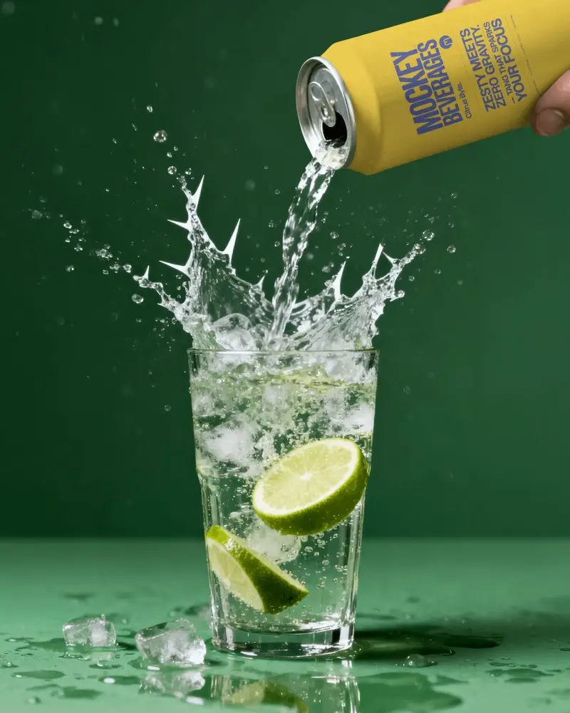 Pouring Can Mockup With Splashing Lime Drink On Dark Green Background Refreshing Beverage Ad