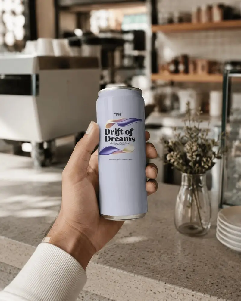 Handheld Can Mockup In Modern Cafe With Blank Label Area Soft Natural Light And Cozy Countertop