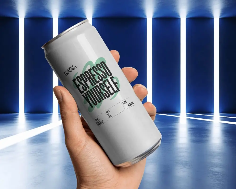 Handheld Coffee Can Mockup In Blue Neon Studio With Blank Label Area And Futuristic Light Wall