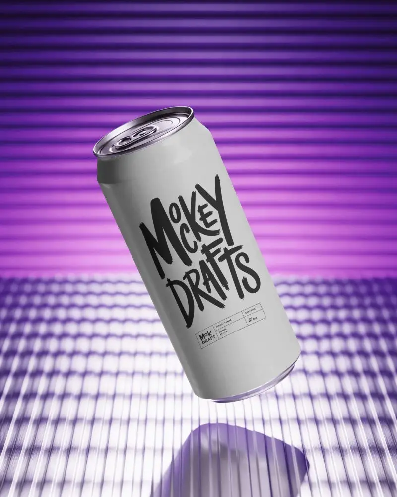 Floating Beer Can Mockup In Purple Neon Studio With Ribbed Background And Glossy Floor Shadow