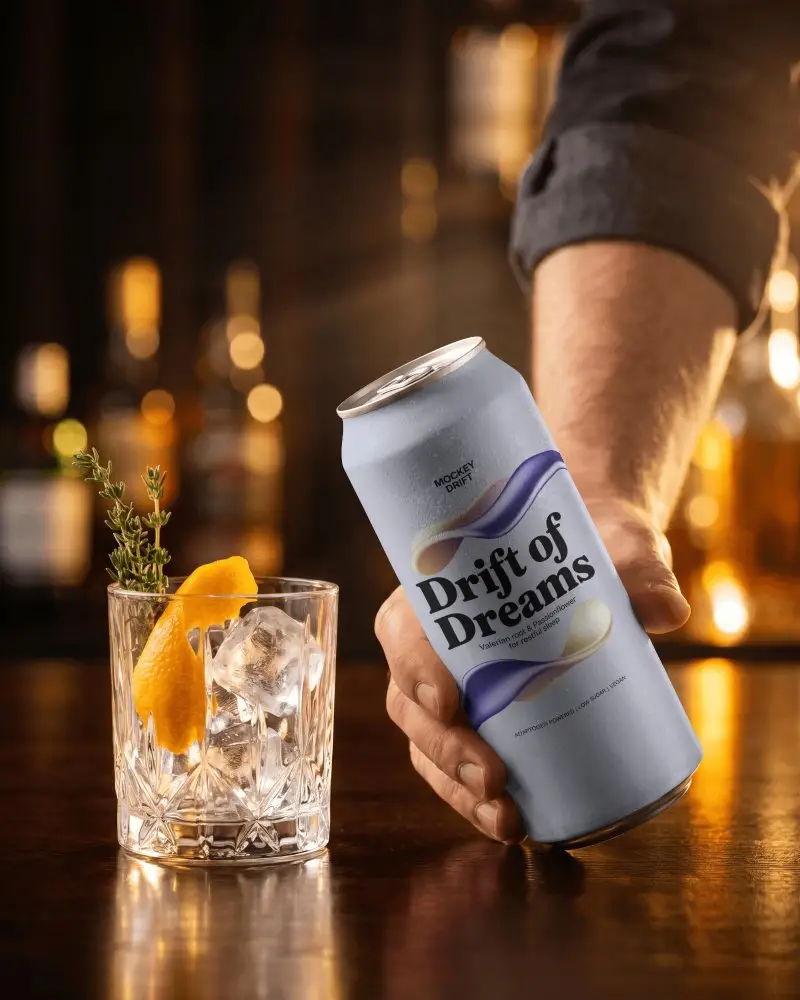Bar Counter Soda Can Mockup With Iced Cocktail Glass Orange Peel And Warm Golden Lights