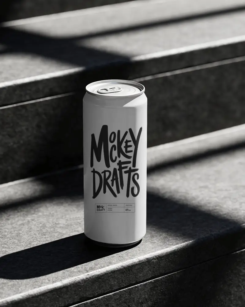 Soda Can Mockup Standing On Concrete Steps With Strong Sunlight And Deep Architectural Shadows