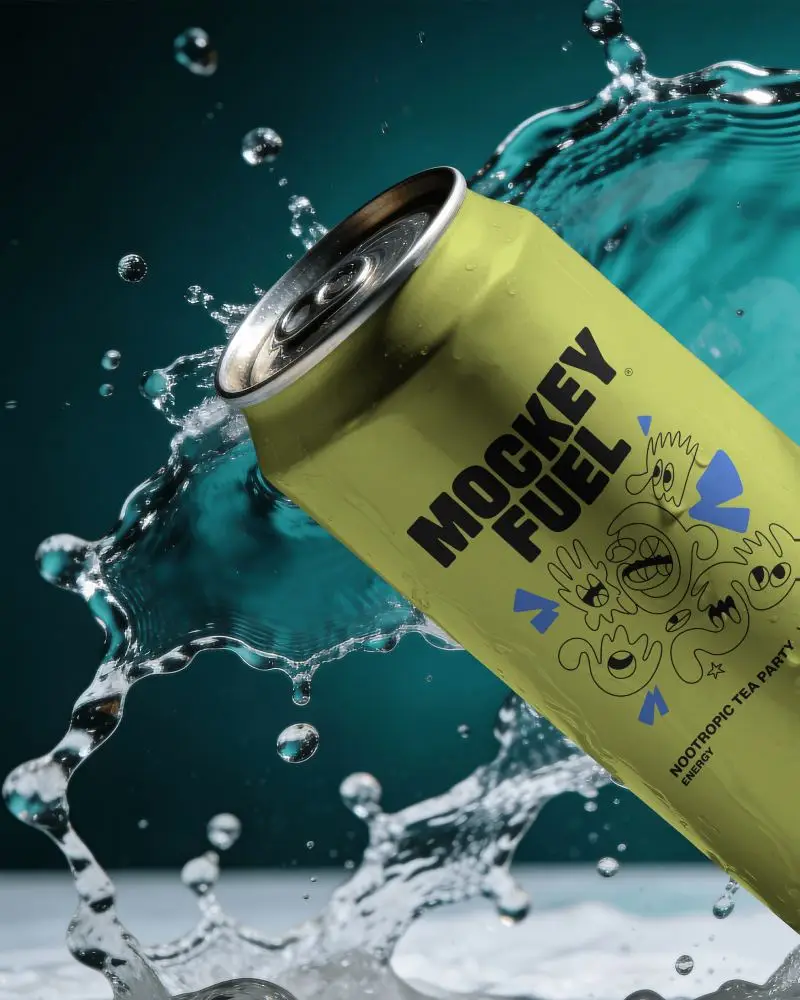Water Splash Beer Can Mockup With Teal Background Cold Droplets And Dynamic Refreshing Product Shot