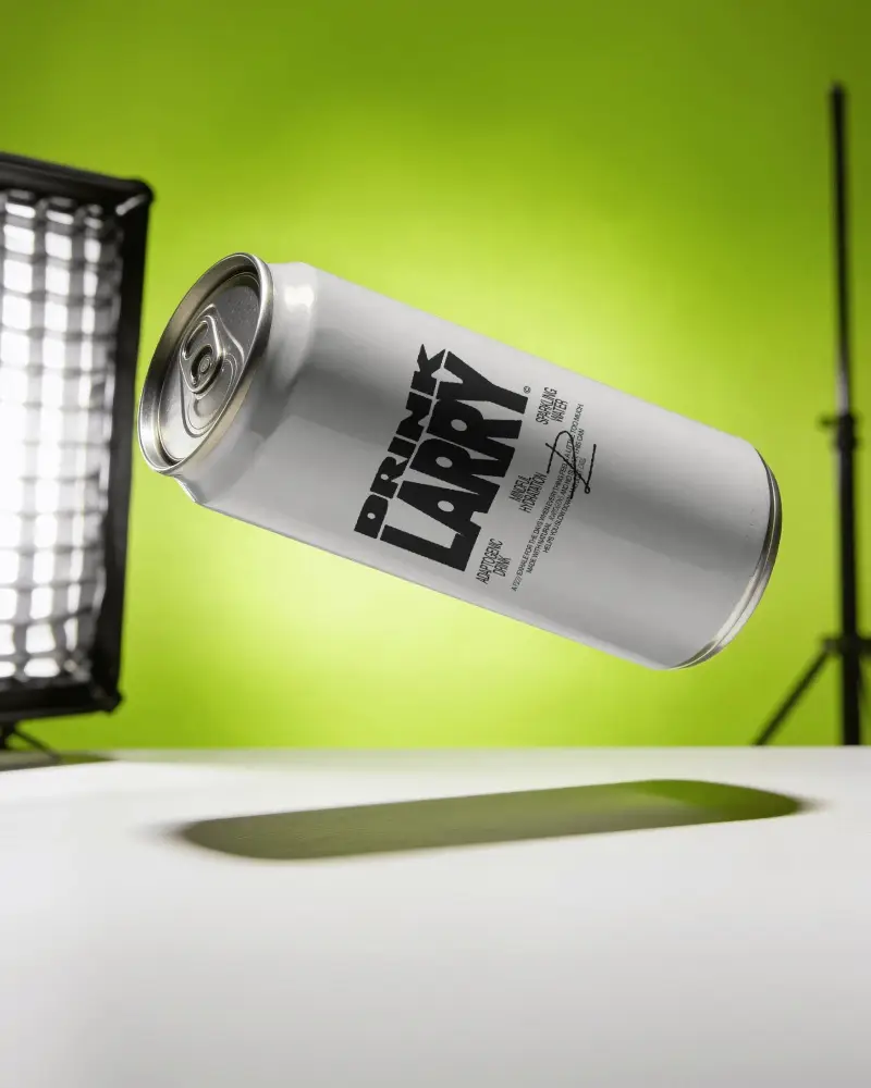 Floating Soda Can Mockup In Green Studio With Softbox Light And Premium Product Shadow