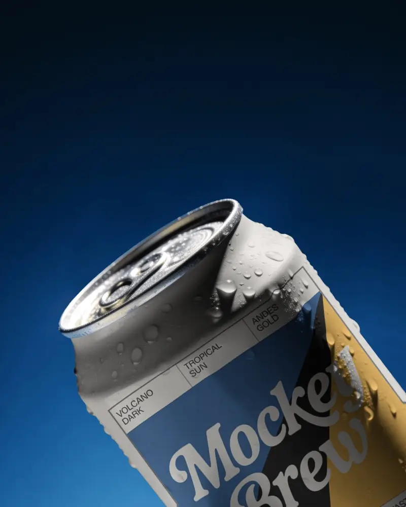 Close Up Coffee Can Mockup With Water Droplets On Deep Blue Background And Cold Premium Feel