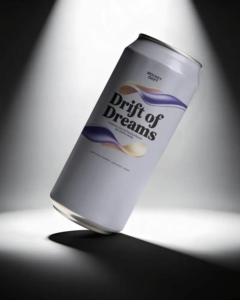 Spotlight Soda Can Mockup On Dark Studio Stage With Tilted Product Pose And Dramatic Shadow