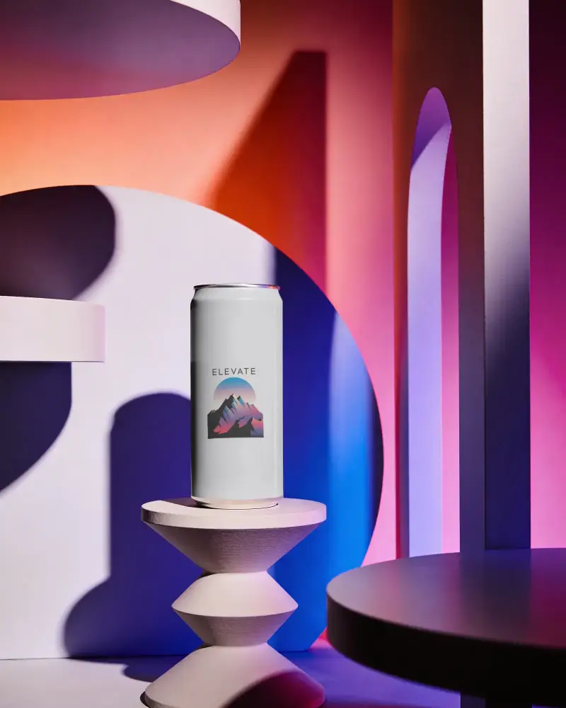 Premium Aluminum Can Mockup On Geometric Pedestal With Modern Abstract Background Design