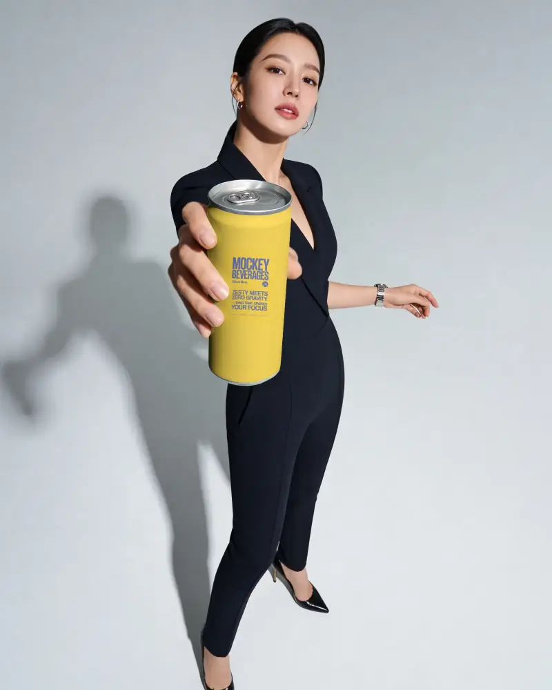 Woman Holding Slim Aluminum Beverage Can Mockup For Drink Branding Presentation