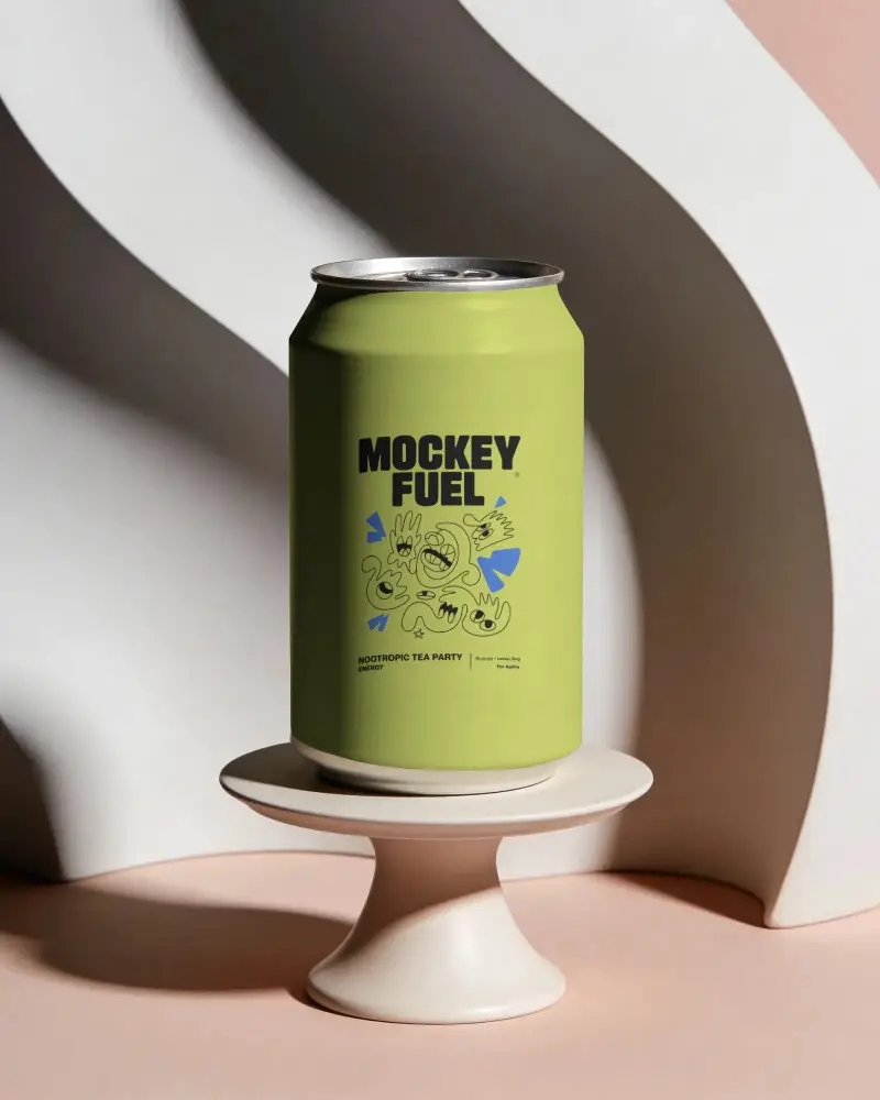 Blank Beverage Can Mockup On Round Ceramic Stand With Abstract Background Design