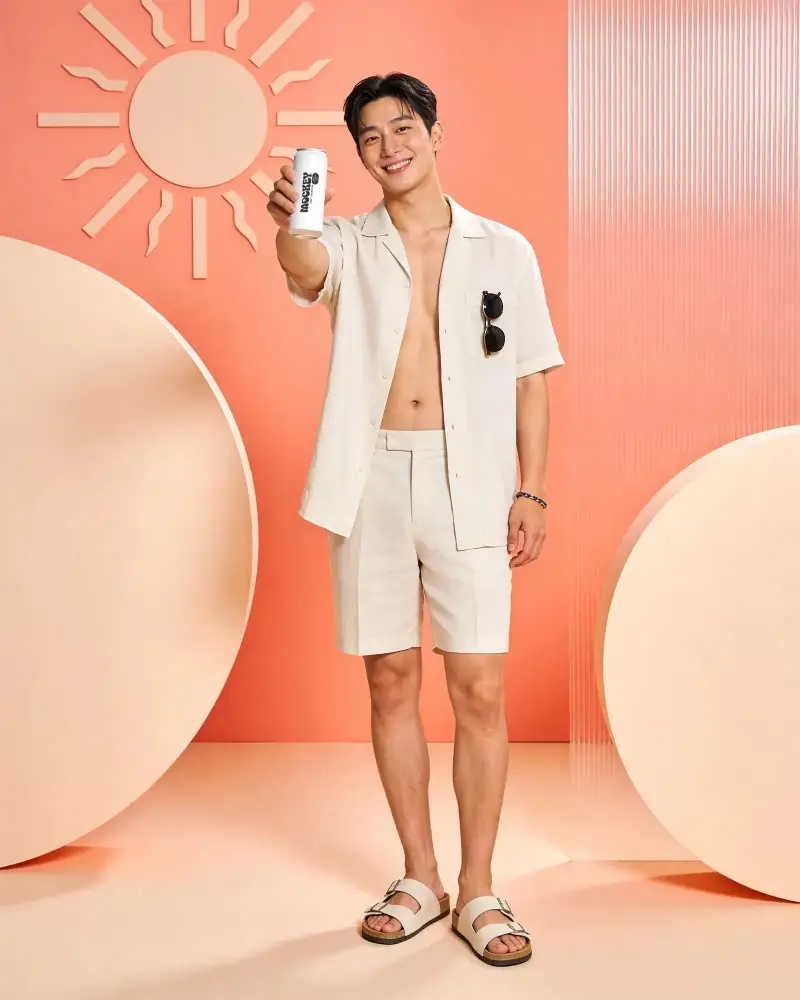 Smiling Man Holding Blank Can Mockup For Summer Beverage Brand Promotion