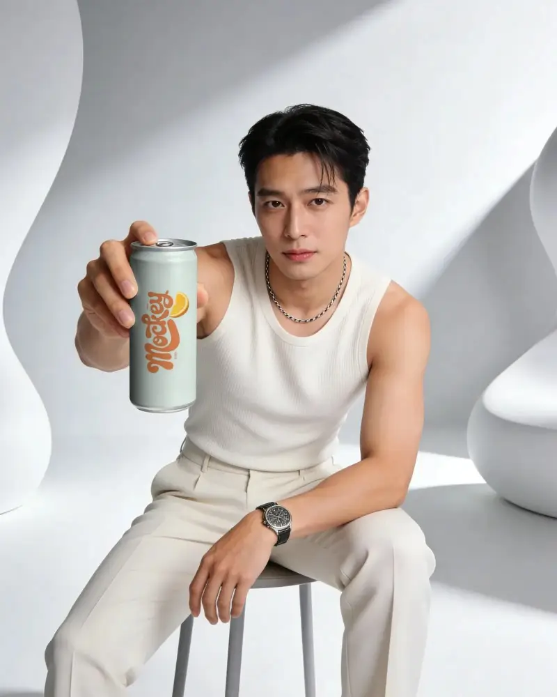Stylish Male Model Presenting Blank Can Mockup For Drink Packaging And Marketing Purposes