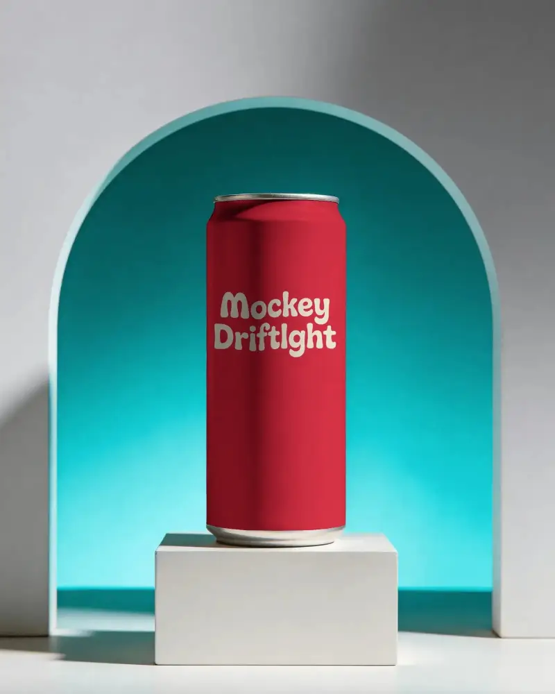 Sleek Metal Can Mockup On Modern Stand Showcasing Product Packaging Design Ideas