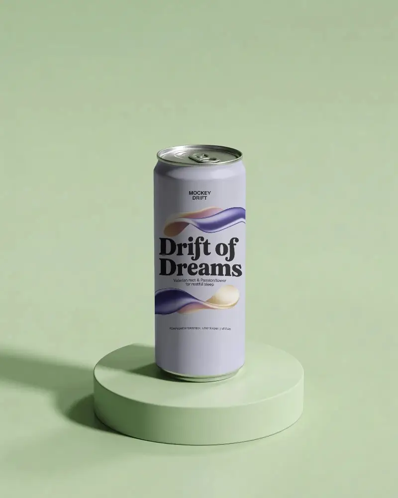 Tall Sleek Metallic Can Mockup On Minimalist Round Stand For Beverage Product Presentation