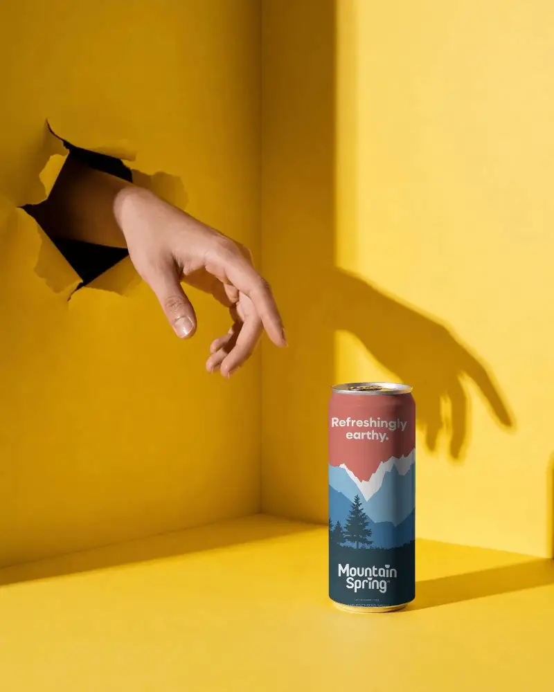 Modern Minimalist Can Mockup In Studio Setting With Dramatic Shadows Hand