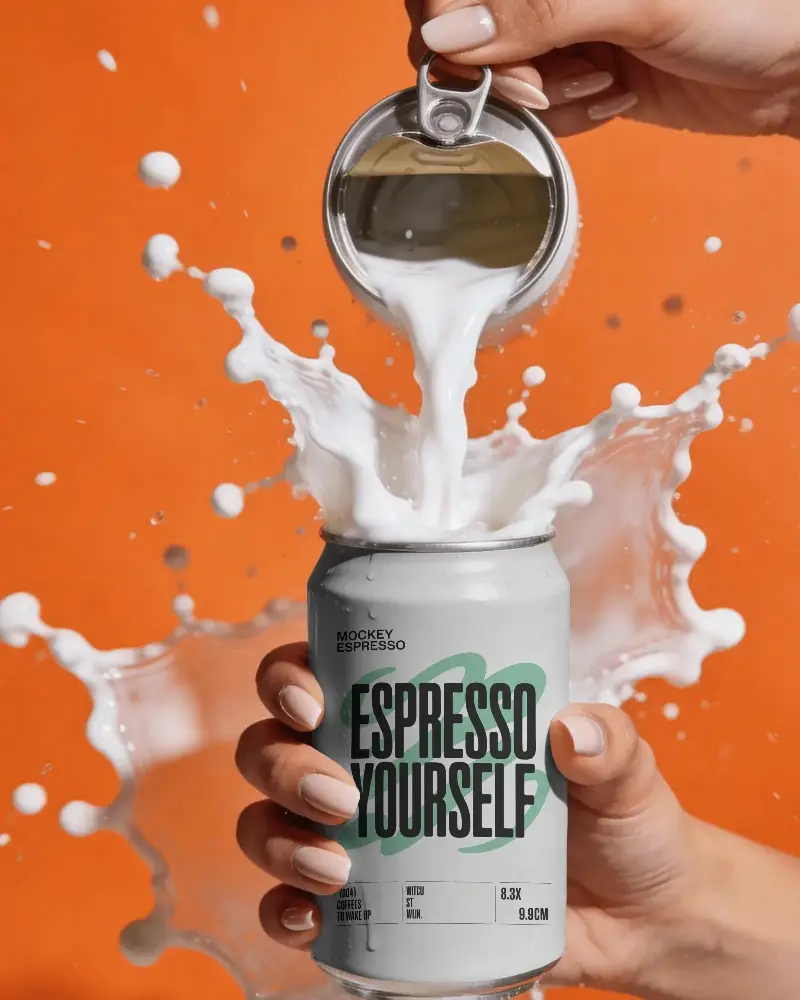 Drink Can Mockup Splash Liquid Pouring Top Opened Metal Container Hand Held