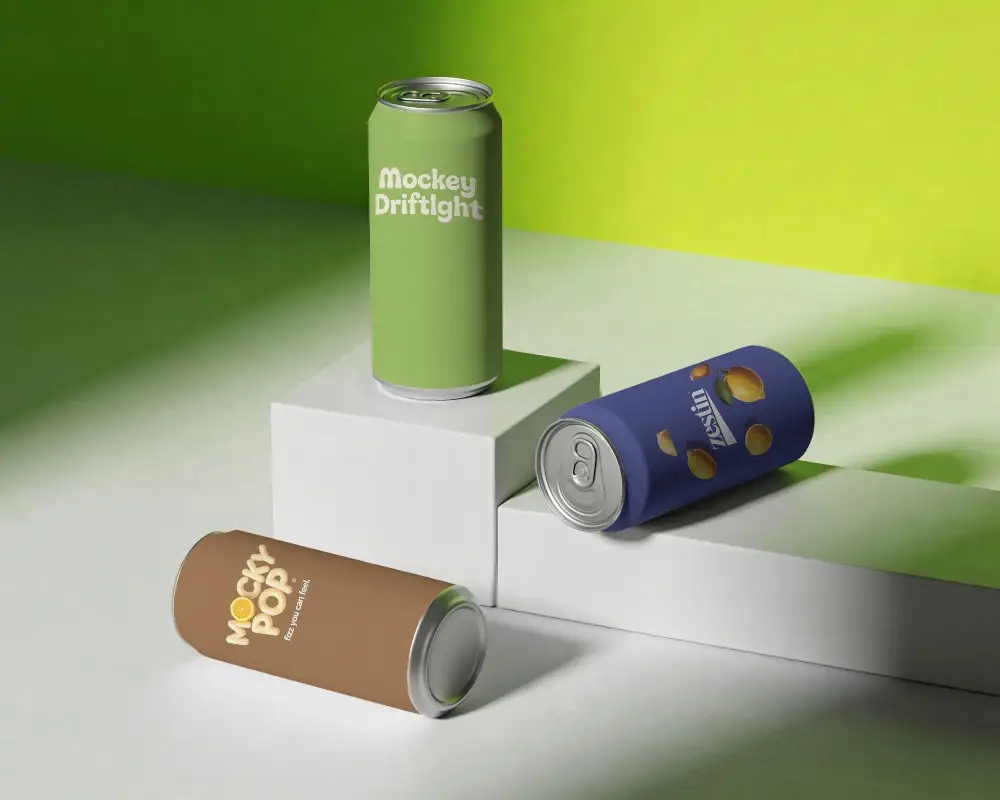 Sleek Tall Beverage Can Mockups On Minimalistic Geometric Platforms For Product Display