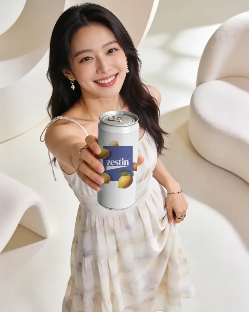 Young Woman Holding Sleek Beverage Can Mockup For Drink Brand Promotion