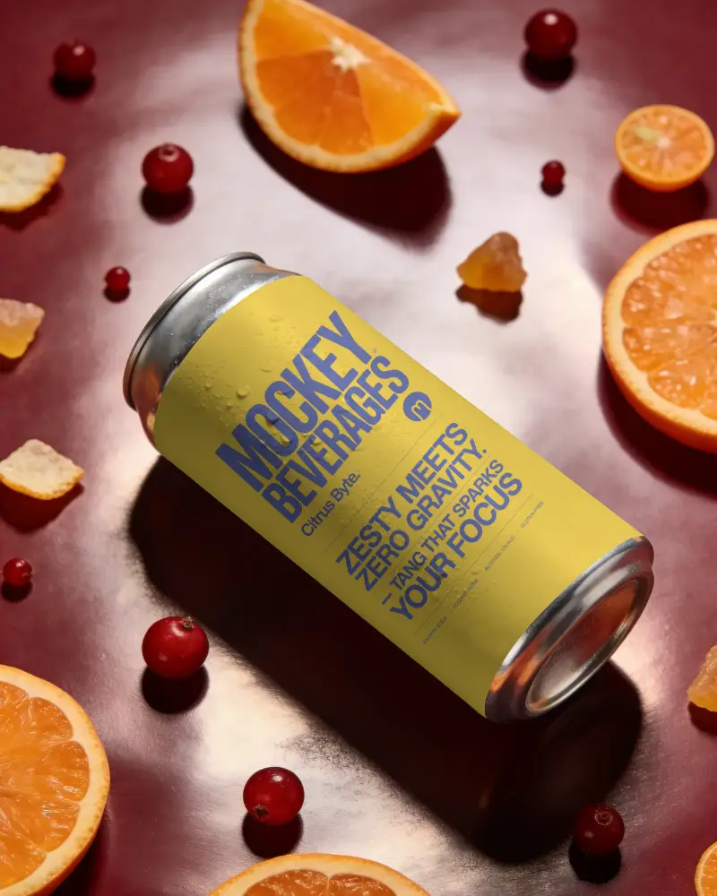 Cold Beverage Can Mockup With Citrus Fruit Background For Refreshing Drink Design