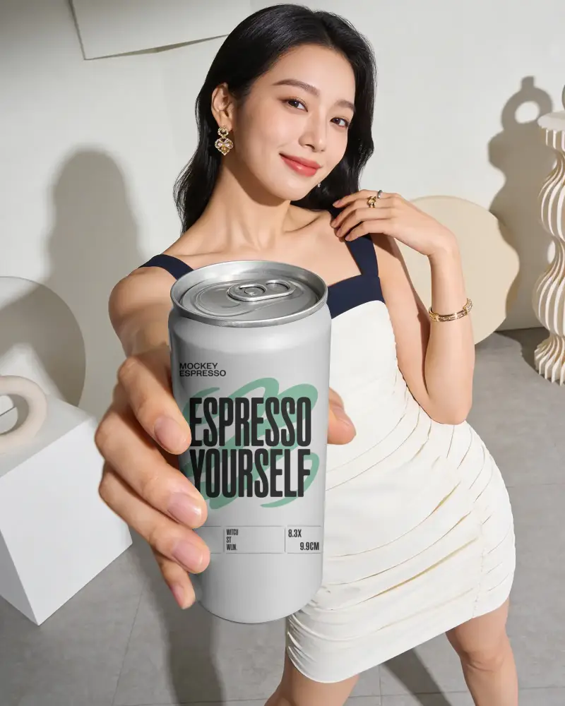 Stylish Lady Offering Plain Drink Can Mockup For Marketing And Design Purposes