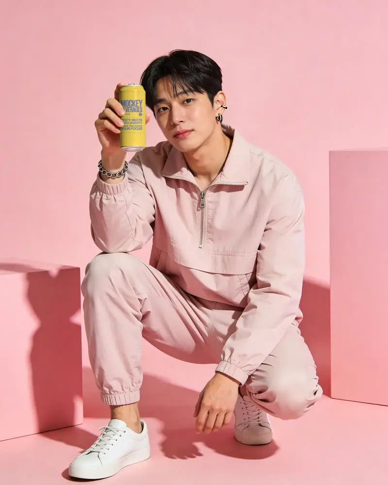 Young Man Showcasing Blank Aluminum Can Mockup For Drink Packaging Presentation