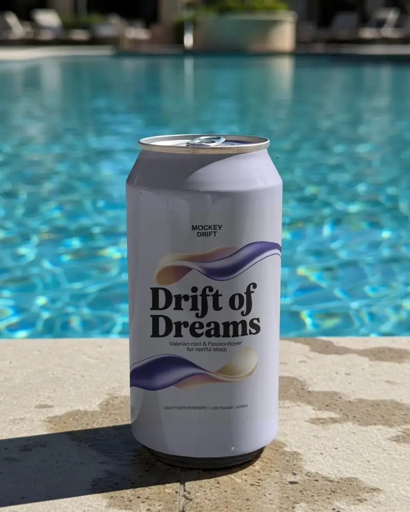 Sleek Tall Can Mockup With Open Pull Tab Standing On Poolside For Beverage Packaging