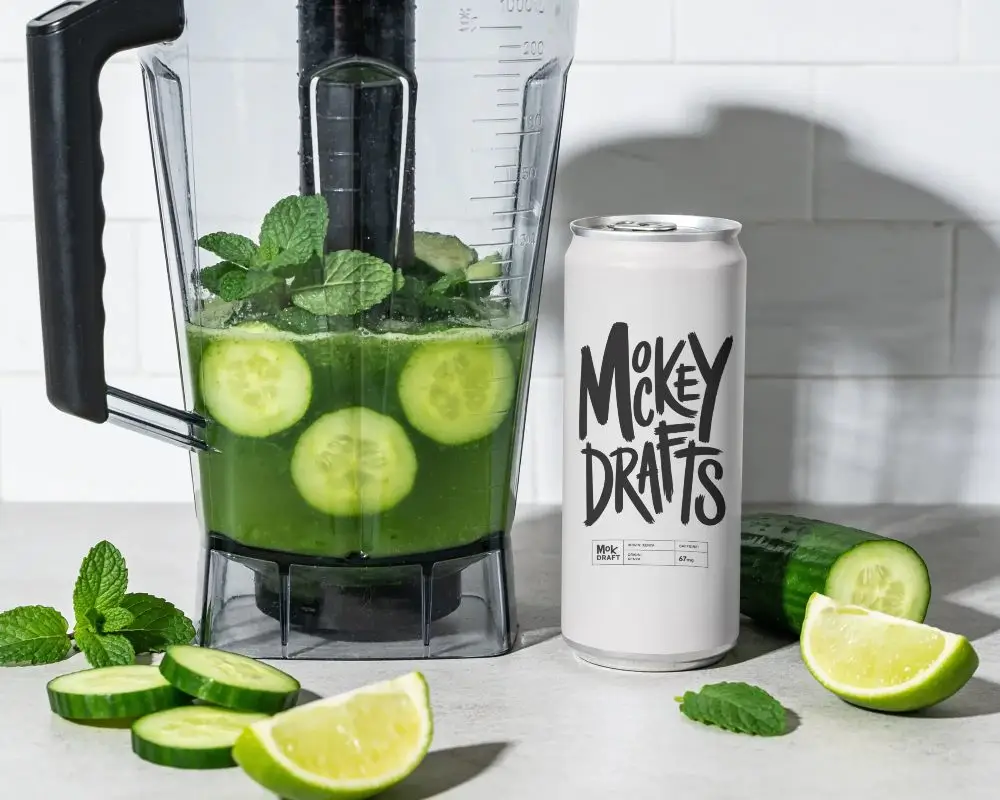 Tall Slim Beverage Can Mockup With Fresh Ingredients For Healthy Drink Promotion