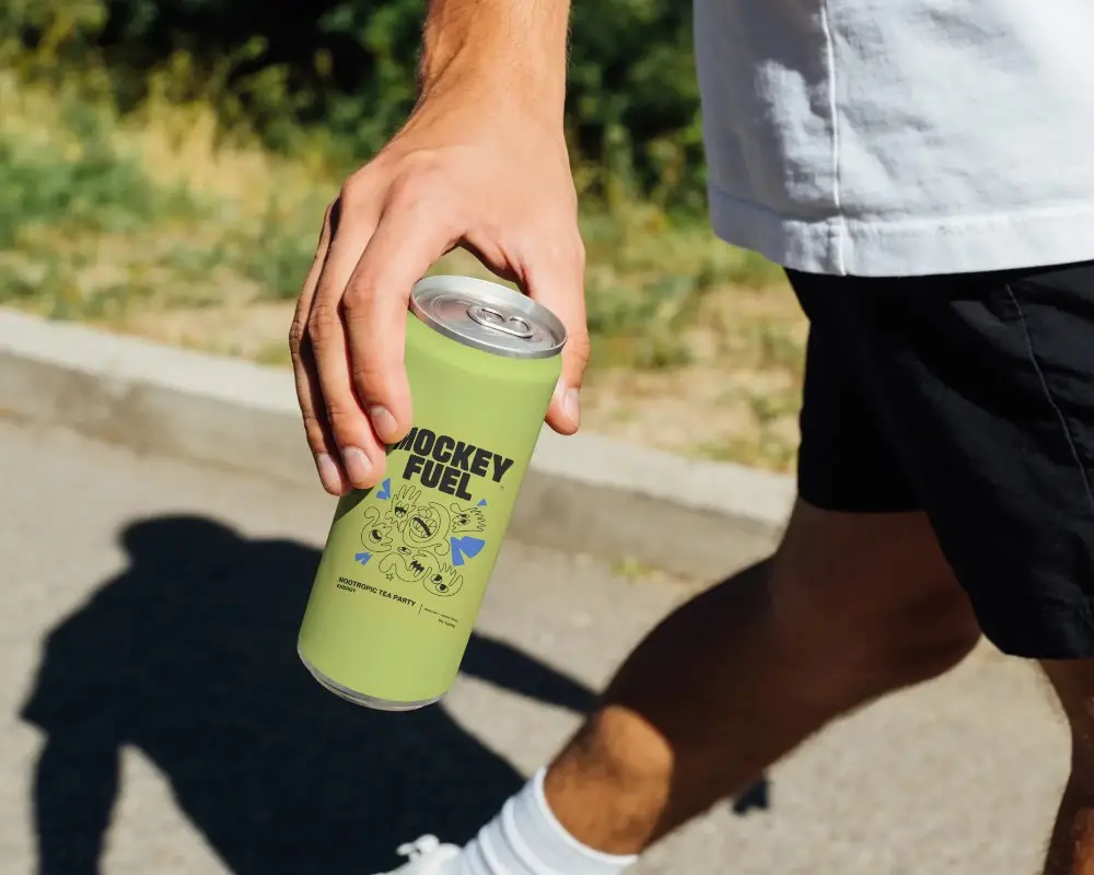 Person Walking With Can Mockup For Drink Packaging Promotion In Nature Setting