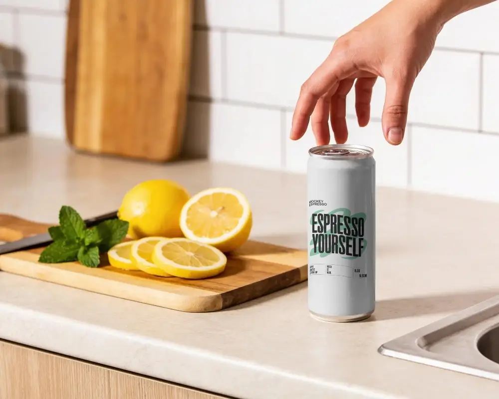Refreshing Beverage Can Mockup On Kitchen Counter With Lemon And Fresh Mint Leaves