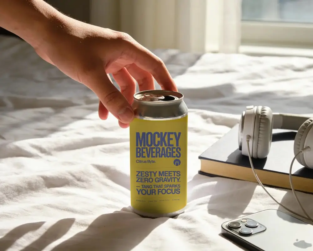 Beverage Can Mockup In Natural Light Setting With Book Headphones And Smartphone In View