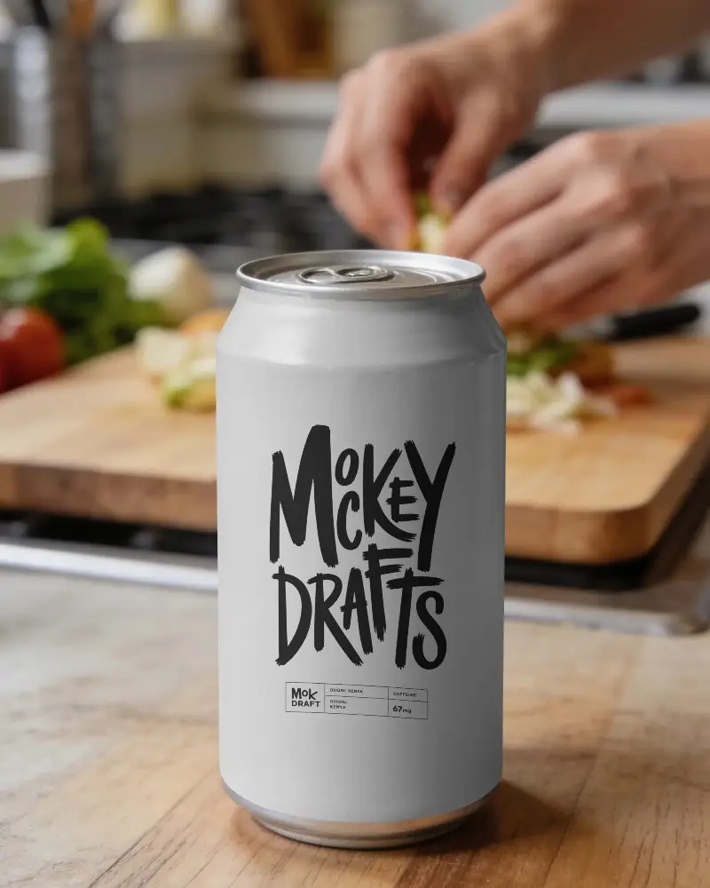 Tall Sleek Aluminum Can Mockup On Wooden Surface With Kitchen Background
