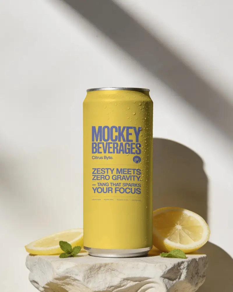 Sunlit Soda Can Mockup With Lemon Slices Mint Leaves And Natural Shadow On Stone Pedestal