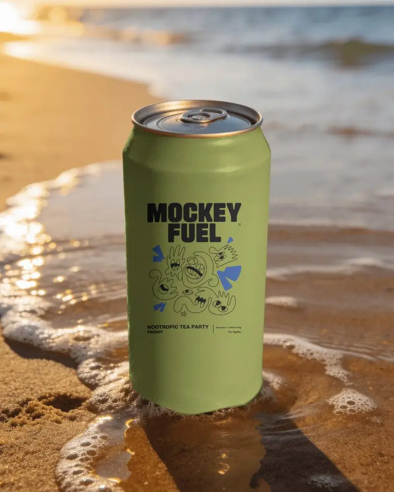 Beachside Soda Can Mockup Standing On Wet Sand With Ocean Waves And Golden Sunset Light